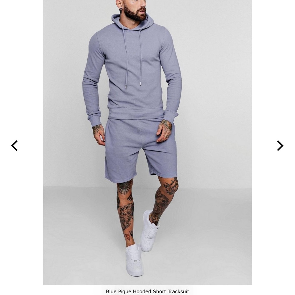boohooMAN pique hooded short tracksuit lavender